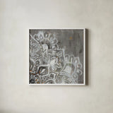 Mandala in Neutral II Sq II by Danhui Nai. Shown in a crisp white glass frame for a clean and minimalist style. Available as an archival giclee rolled canvas, fine art paper, or poster print. SKU 28148a.