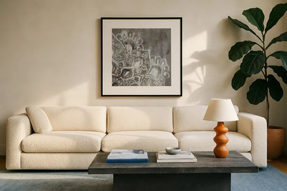 Mandala in Neutral II Sq II by Danhui Nai. Displayed in a glass frame with matte in a clean modern living room. Available as an archival giclee rolled canvas, fine art paper, or poster print. SKU 28148a.