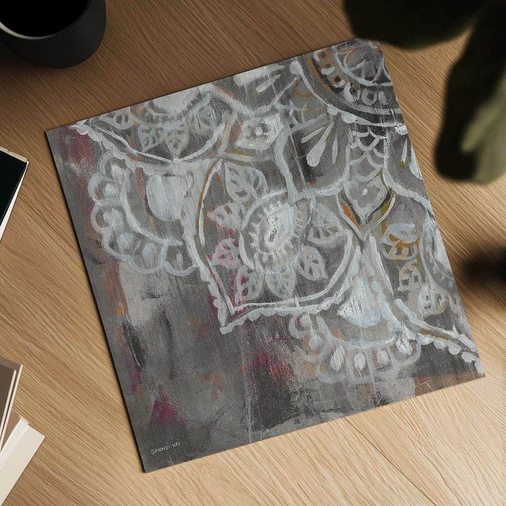 Mandala in Neutral II Sq III by Danhui Nai. Shown as a detailed flat fine art print, highlighting archival giclee quality. Available as an archival giclee rolled canvas, fine art paper, or poster print. SKU 28149a.