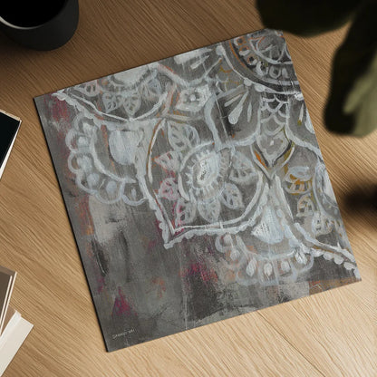 Mandala in Neutral II Sq III by Danhui Nai. Shown as a detailed flat fine art print, highlighting archival giclee quality. Available as an archival giclee rolled canvas, fine art paper, or poster print. SKU 28149a.