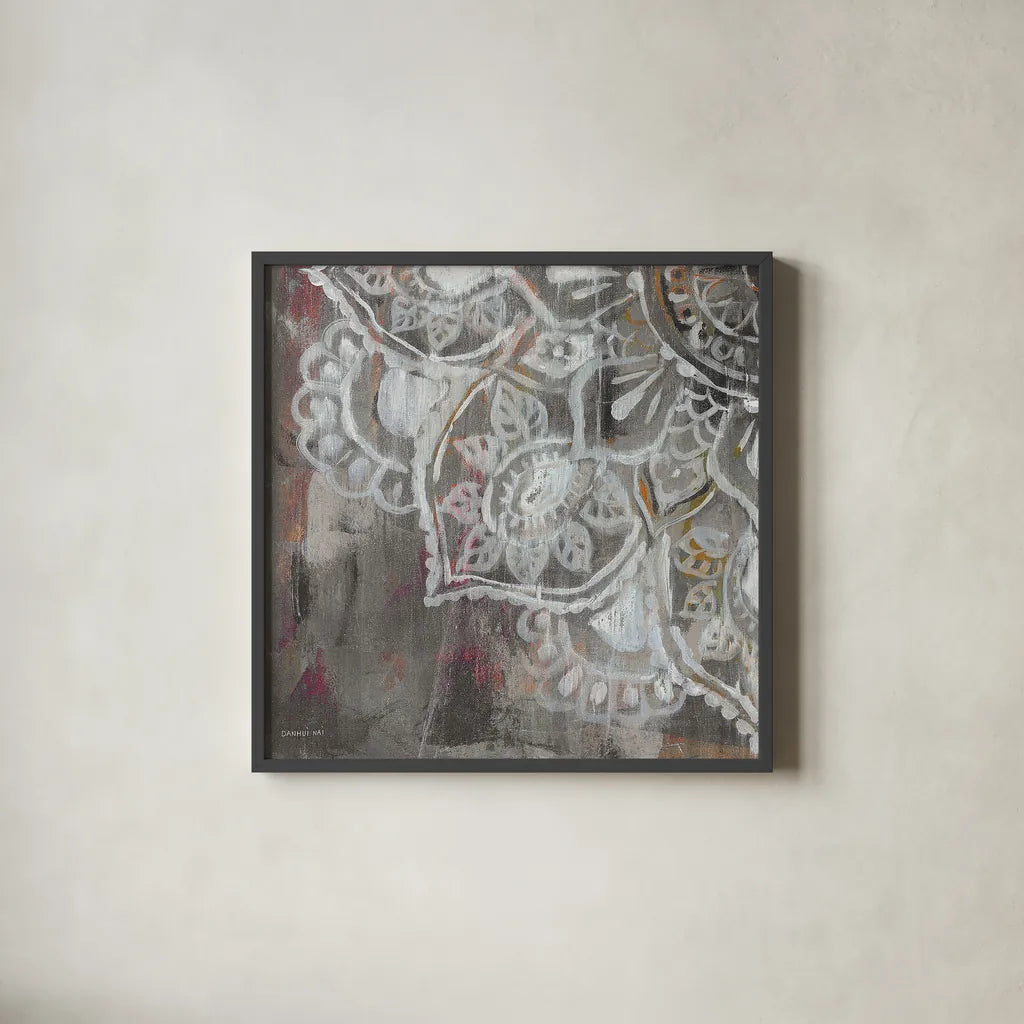 Mandala in Neutral II Sq III by Danhui Nai. Shown in a sleek black glass frame for a contemporary gallery look. Available as an archival giclee rolled canvas, fine art paper, or poster print. SKU 28149a.