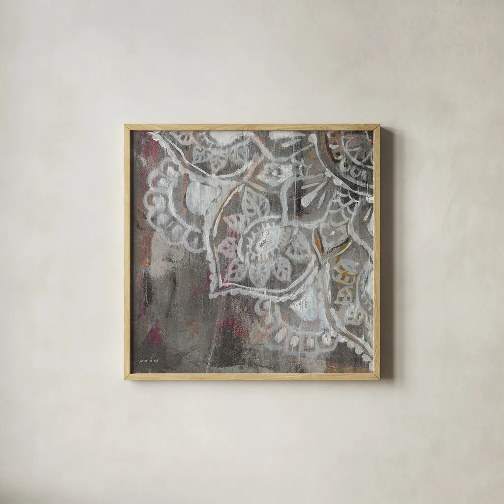 Mandala in Neutral II Sq III by Danhui Nai. Shown in a natural wood glass frame for a timeless modern aesthetic. Available as an archival giclee rolled canvas, fine art paper, or poster print. SKU 28149a.