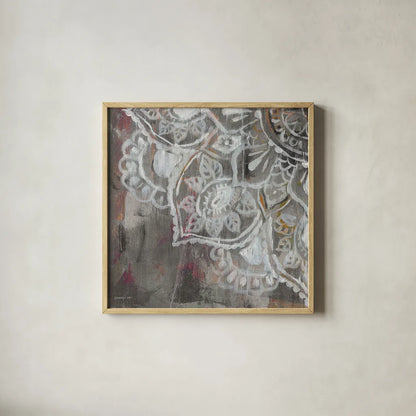 Mandala in Neutral II Sq III by Danhui Nai. Shown in a natural wood glass frame for a timeless modern aesthetic. Available as an archival giclee rolled canvas, fine art paper, or poster print. SKU 28149a.