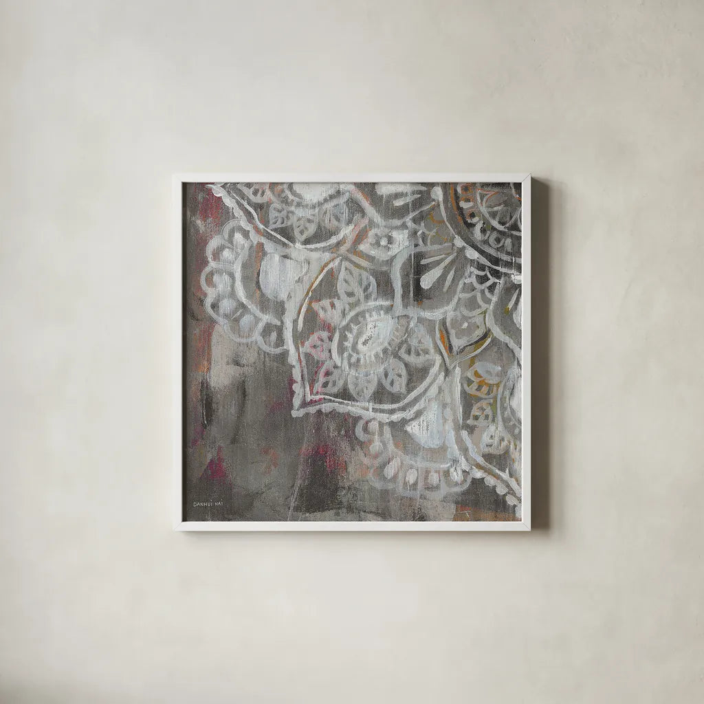 Mandala in Neutral II Sq III by Danhui Nai. Shown in a crisp white glass frame for a clean and minimalist style. Available as an archival giclee rolled canvas, fine art paper, or poster print. SKU 28149a.