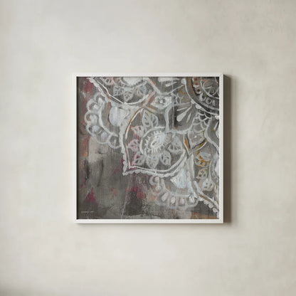 Mandala in Neutral II Sq III by Danhui Nai. Shown in a crisp white glass frame for a clean and minimalist style. Available as an archival giclee rolled canvas, fine art paper, or poster print. SKU 28149a.