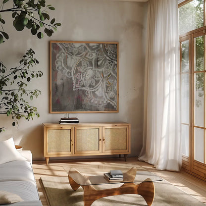 Mandala in Neutral II Sq III by Danhui Nai. Shown in a natural wood frame in a cozy modern living room. Available as an archival giclee rolled canvas, fine art paper, or poster print. SKU 28149a.