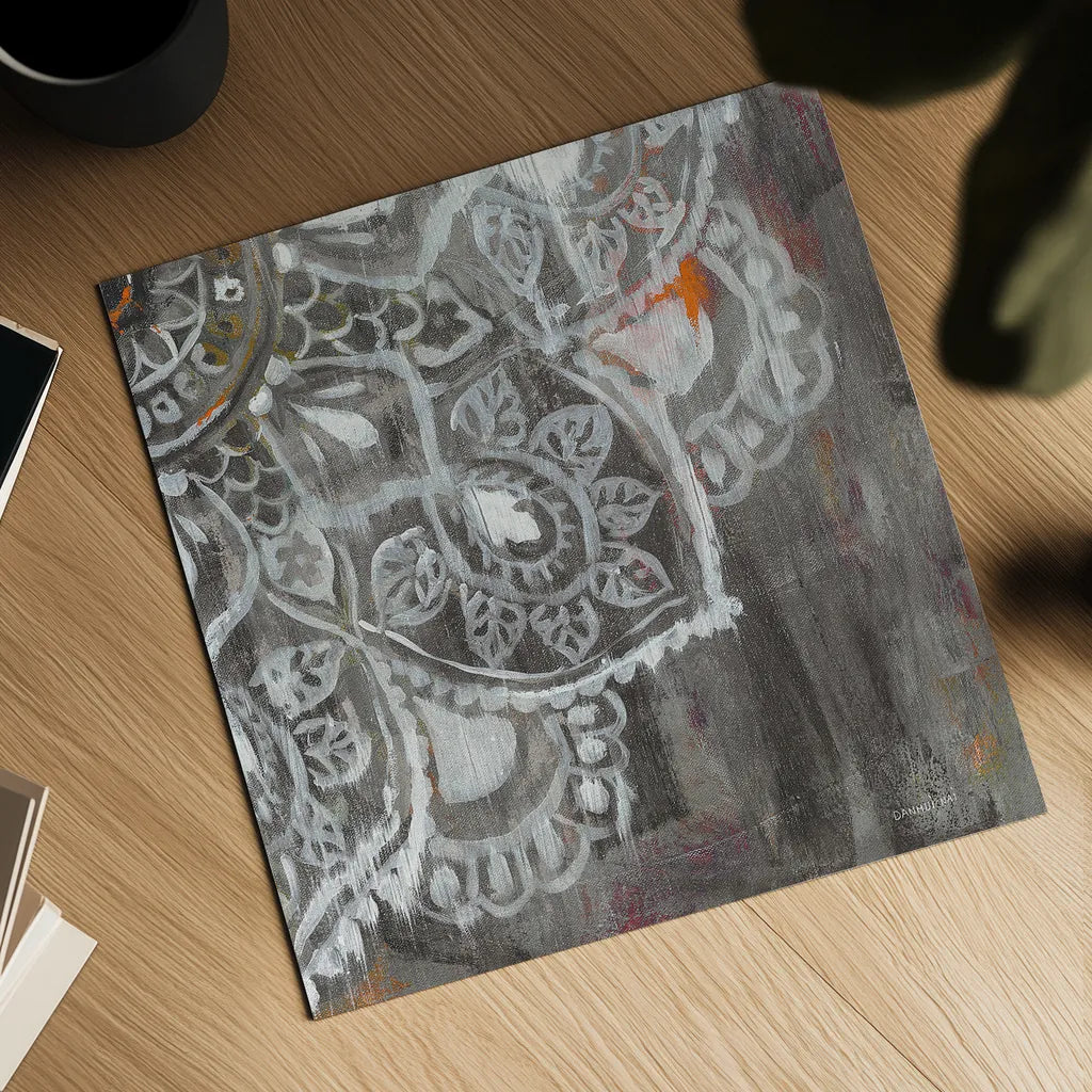 Mandala in Neutral II Sq IV by Danhui Nai. Shown as a detailed flat fine art print, highlighting archival giclee quality. Available as an archival giclee rolled canvas, fine art paper, or poster print. SKU 28150a.