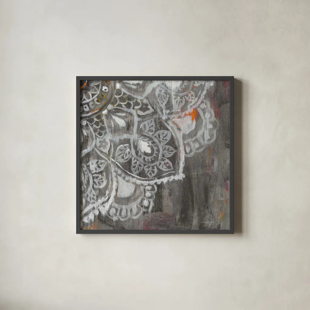 Mandala in Neutral II Sq IV by Danhui Nai. Shown in a sleek black glass frame for a contemporary gallery look. Available as an archival giclee rolled canvas, fine art paper, or poster print. SKU 28150a.