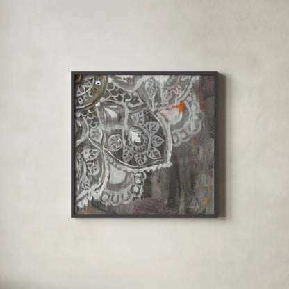 Mandala in Neutral II Sq IV by Danhui Nai. Shown in a sleek black glass frame for a contemporary gallery look. Available as an archival giclee rolled canvas, fine art paper, or poster print. SKU 28150a.