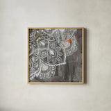 Mandala in Neutral II Sq IV by Danhui Nai. Shown in a natural wood glass frame for a timeless modern aesthetic. Available as an archival giclee rolled canvas, fine art paper, or poster print. SKU 28150a.