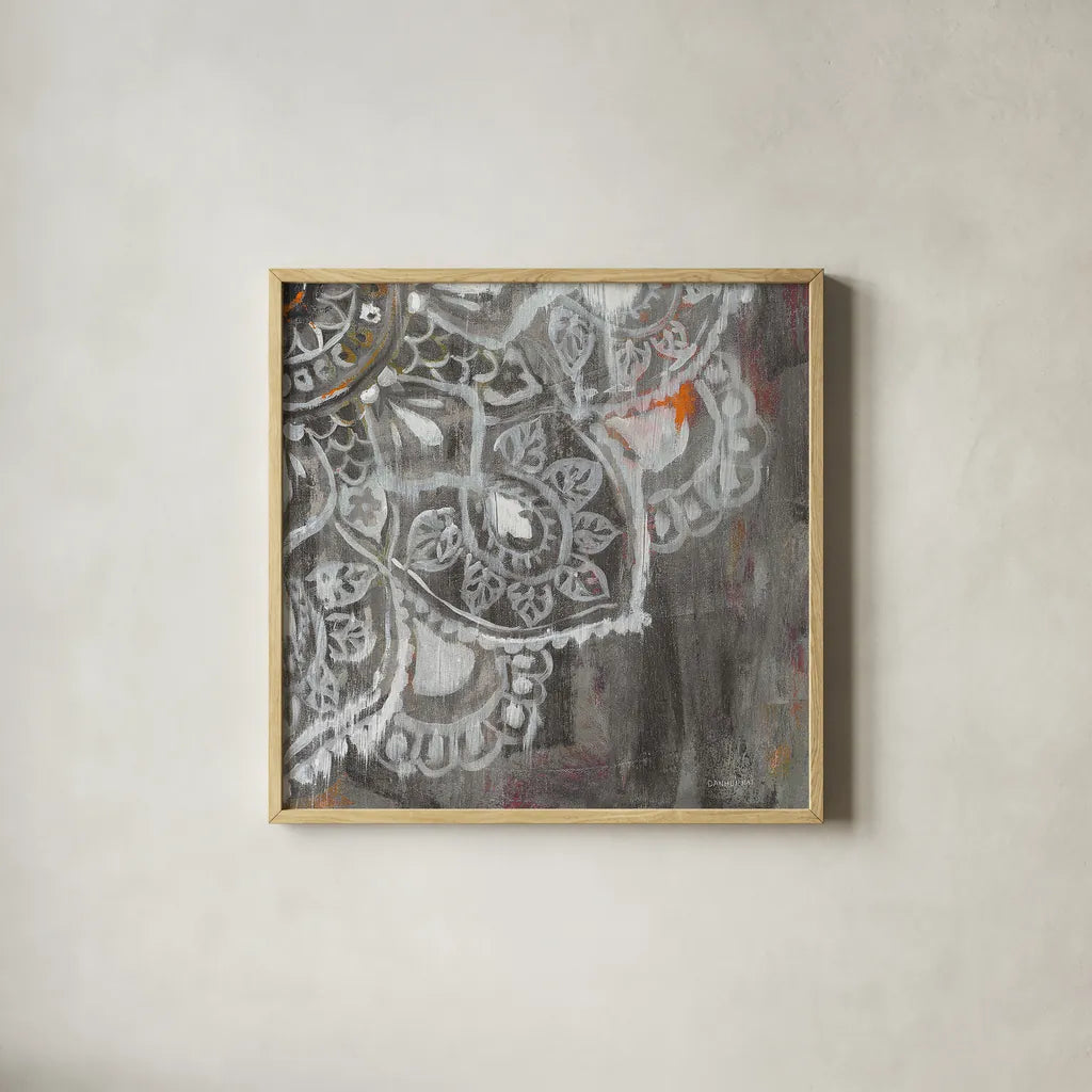 Mandala in Neutral II Sq IV by Danhui Nai. Shown in a natural wood glass frame for a timeless modern aesthetic. Available as an archival giclee rolled canvas, fine art paper, or poster print. SKU 28150a.