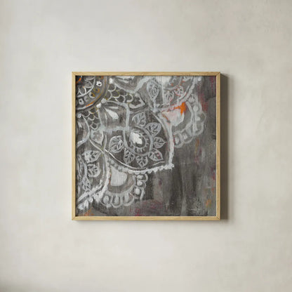 Mandala in Neutral II Sq IV by Danhui Nai. Shown in a natural wood glass frame for a timeless modern aesthetic. Available as an archival giclee rolled canvas, fine art paper, or poster print. SKU 28150a.