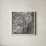 Mandala in Neutral II Sq IV by Danhui Nai. Shown in a crisp white glass frame for a clean and minimalist style. Available as an archival giclee rolled canvas, fine art paper, or poster print. SKU 28150a.