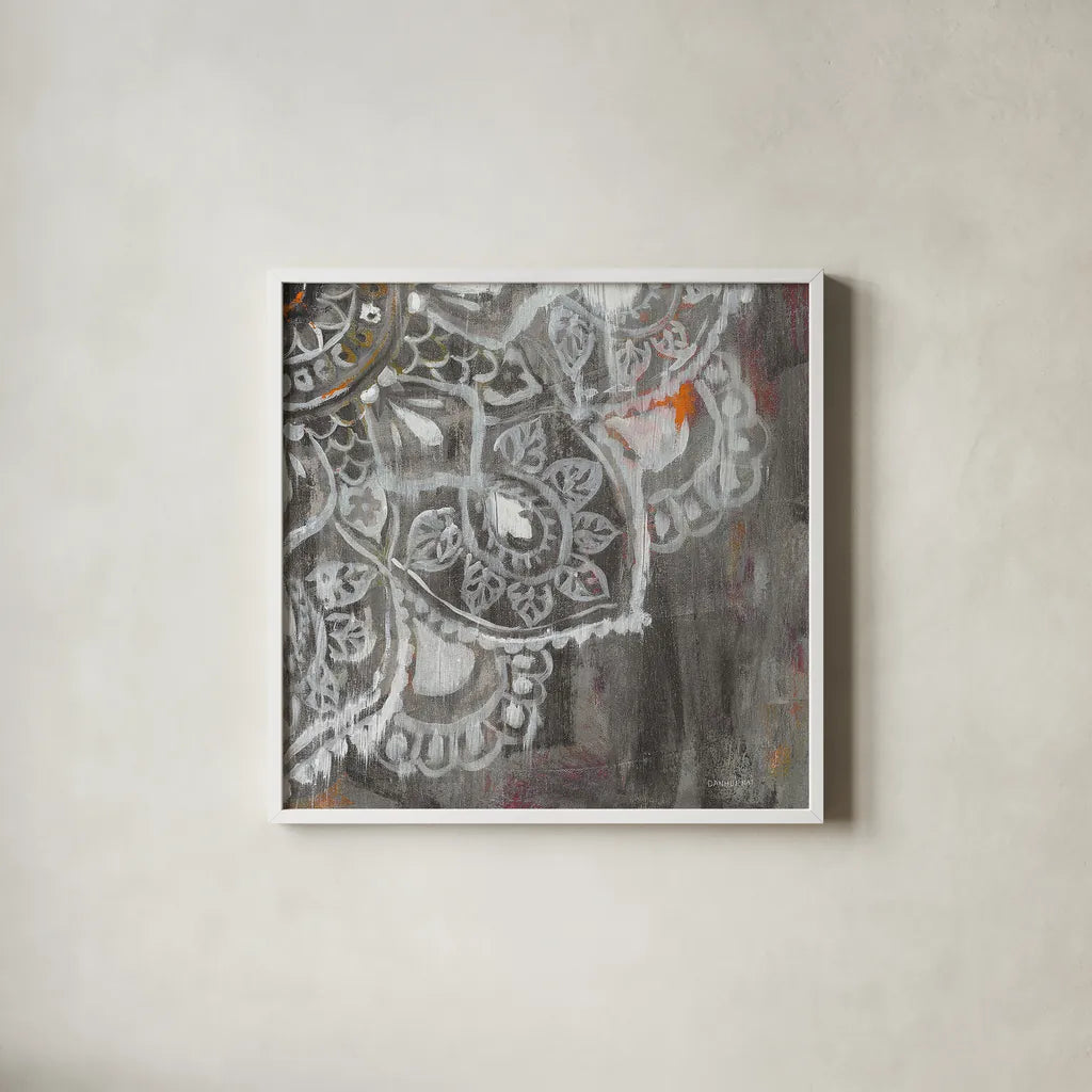 Mandala in Neutral II Sq IV by Danhui Nai. Shown in a crisp white glass frame for a clean and minimalist style. Available as an archival giclee rolled canvas, fine art paper, or poster print. SKU 28150a.