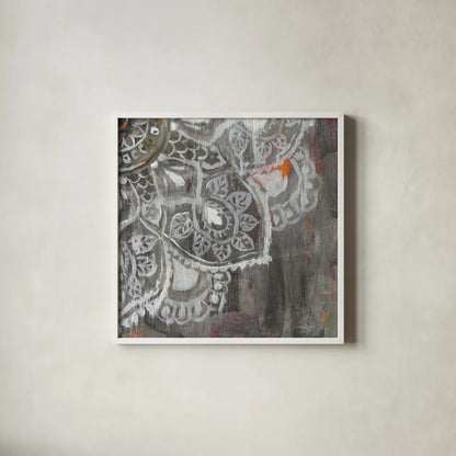 Mandala in Neutral II Sq IV by Danhui Nai. Shown in a crisp white glass frame for a clean and minimalist style. Available as an archival giclee rolled canvas, fine art paper, or poster print. SKU 28150a.