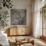 Mandala in Neutral II Sq IV by Danhui Nai. Shown in a natural wood frame in a cozy modern living room. Available as an archival giclee rolled canvas, fine art paper, or poster print. SKU 28150a.
