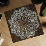 Mandala on Dark Wood by Danhui Nai. Shown as a detailed flat fine art print, highlighting archival giclee quality. Available as an archival giclee rolled canvas, fine art paper, or poster print. SKU 51727a.