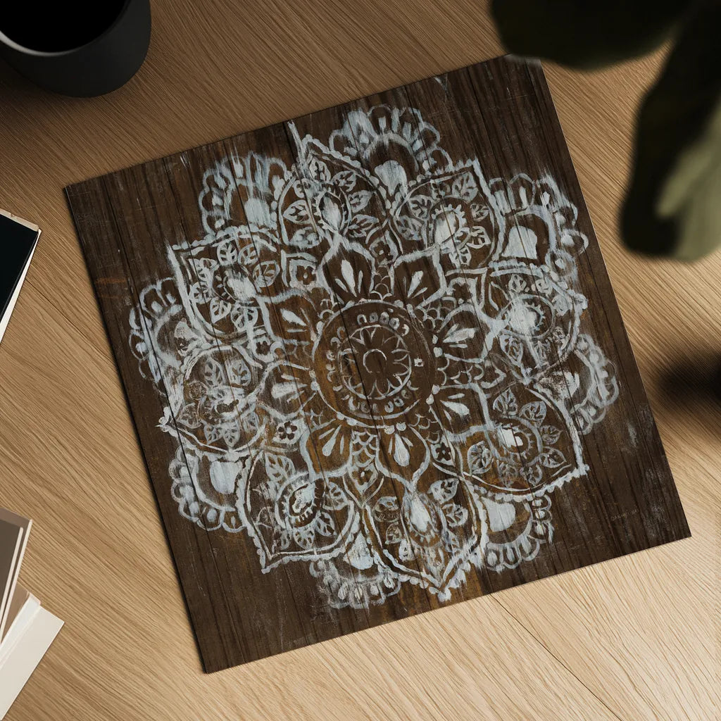 Mandala on Dark Wood by Danhui Nai. Shown as a detailed flat fine art print, highlighting archival giclee quality. Available as an archival giclee rolled canvas, fine art paper, or poster print. SKU 51727a.