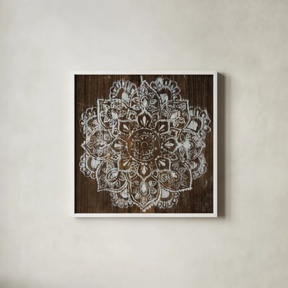 Mandala on Dark Wood by Danhui Nai. Shown in a crisp white glass frame for a clean and minimalist style. Available as an archival giclee rolled canvas, fine art paper, or poster print. SKU 51727a.