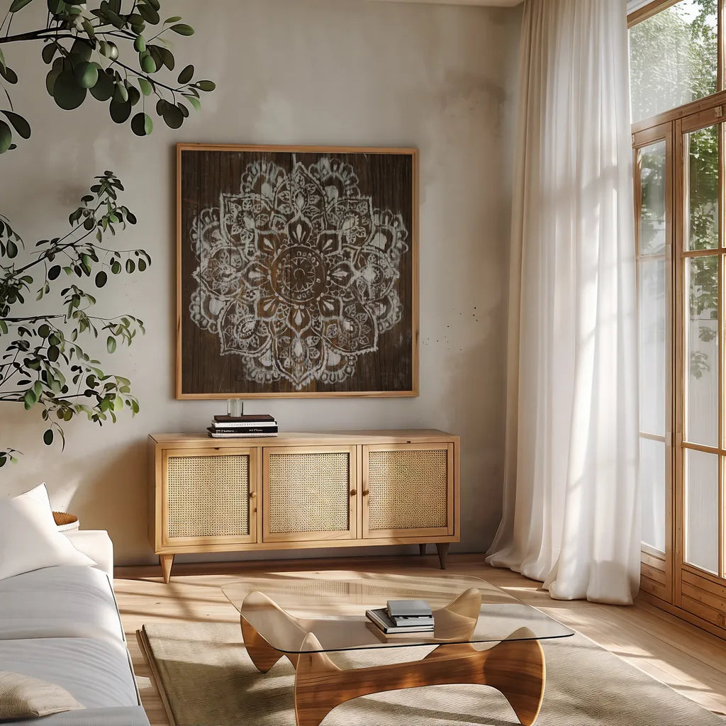 Mandala on Dark Wood by Danhui Nai. Shown in a natural wood frame in a cozy modern living room. Available as an archival giclee rolled canvas, fine art paper, or poster print. SKU 51727a.