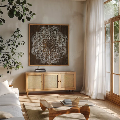 Mandala on Dark Wood by Danhui Nai. Shown in a natural wood frame in a cozy modern living room. Available as an archival giclee rolled canvas, fine art paper, or poster print. SKU 51727a.