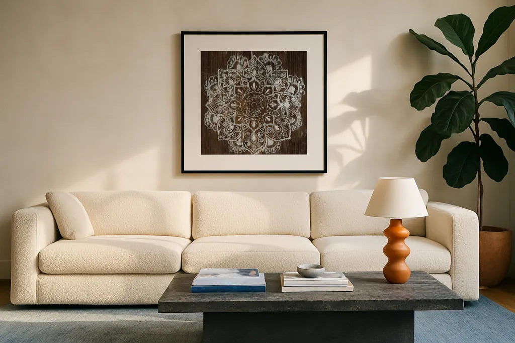 Mandala on Dark Wood by Danhui Nai. Displayed in a glass frame with matte in a clean modern living room. Available as an archival giclee rolled canvas, fine art paper, or poster print. SKU 51727a.