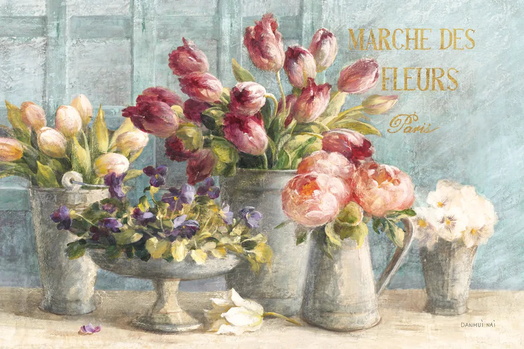 Marche des Fleurs Blue Gold by Danhui Nai. SKU 19047i. Archival Giclee Fine art print for wall decor.