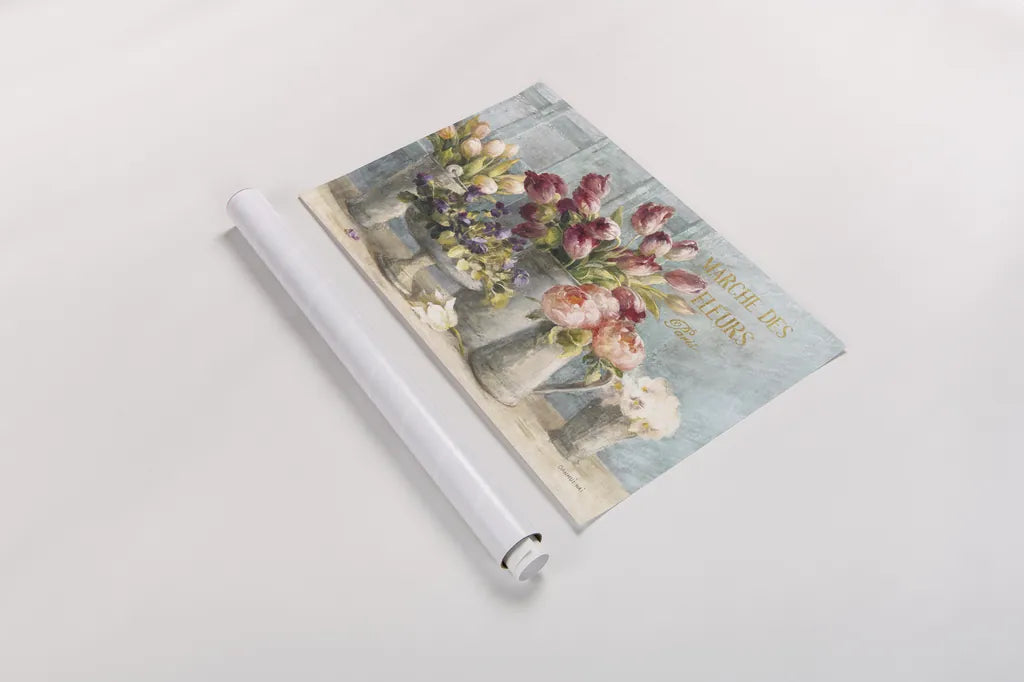 Marche des Fleurs Blue Gold by Danhui Nai. shown as a rolled paper print. Available as archival giclee rolled canvas, fine art paper, or poster print. SKU 19047i.