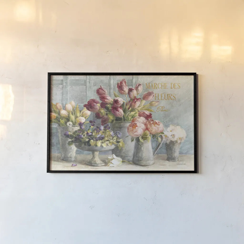 Marche des Fleurs Blue Gold by Danhui Nai. shown as a paper print in a black flame. Available as a archival giclee rolled canvas, fine art paper, or poster print. SKU 19047i.