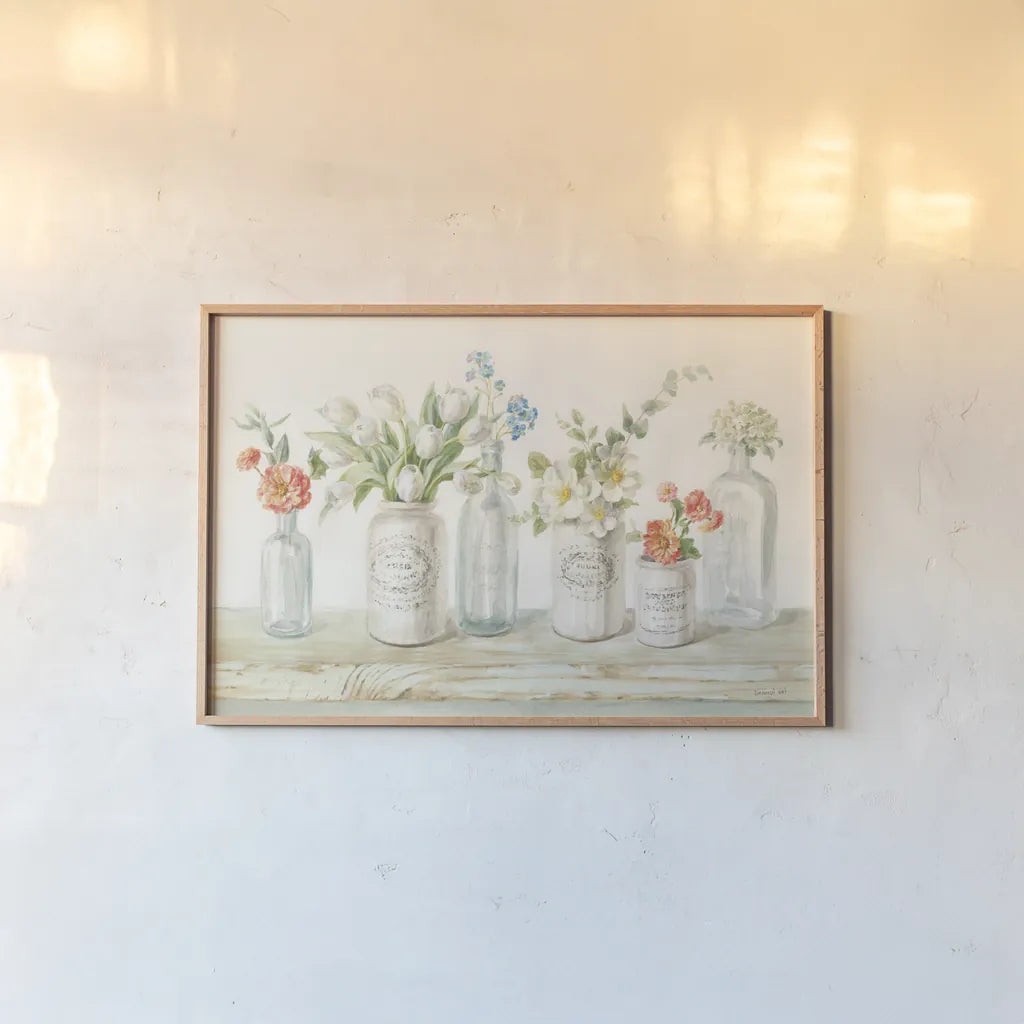 Marmalade Flowers I by Danhui Nai. shown as a paper print in a natural frame. Available as a archival giclee rolled canvas, fine art paper, or poster print. SKU 74478i.