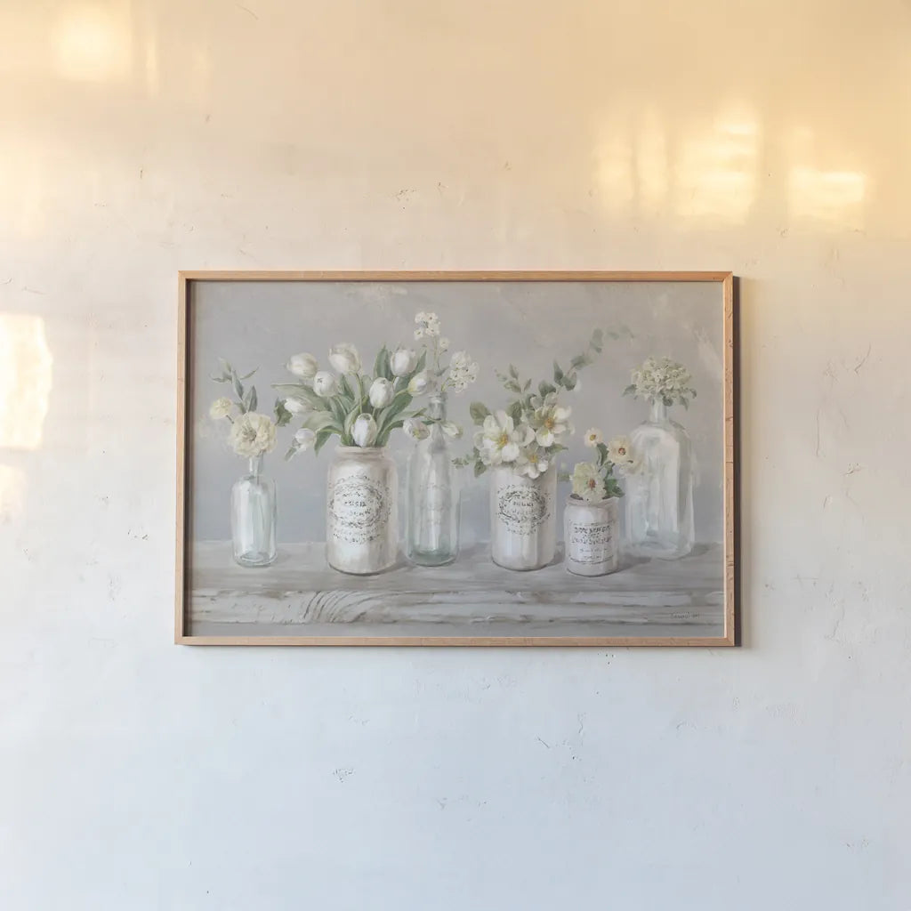 Marmalade Flowers I Neutral by Danhui Nai. shown as a paper print in a natural frame. Available as a archival giclee rolled canvas, fine art paper, or poster print. SKU 78283i.