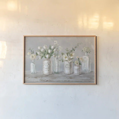 Marmalade Flowers I Neutral by Danhui Nai. shown as a paper print in a natural frame. Available as a archival giclee rolled canvas, fine art paper, or poster print. SKU 78283i.