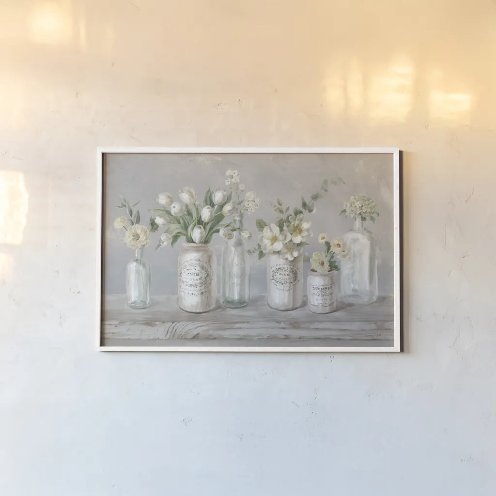 Marmalade Flowers I Neutral by Danhui Nai. shown as a paper print in a white frame. Available as a archival giclee rolled canvas, fine art paper, or poster print. SKU 78283i.