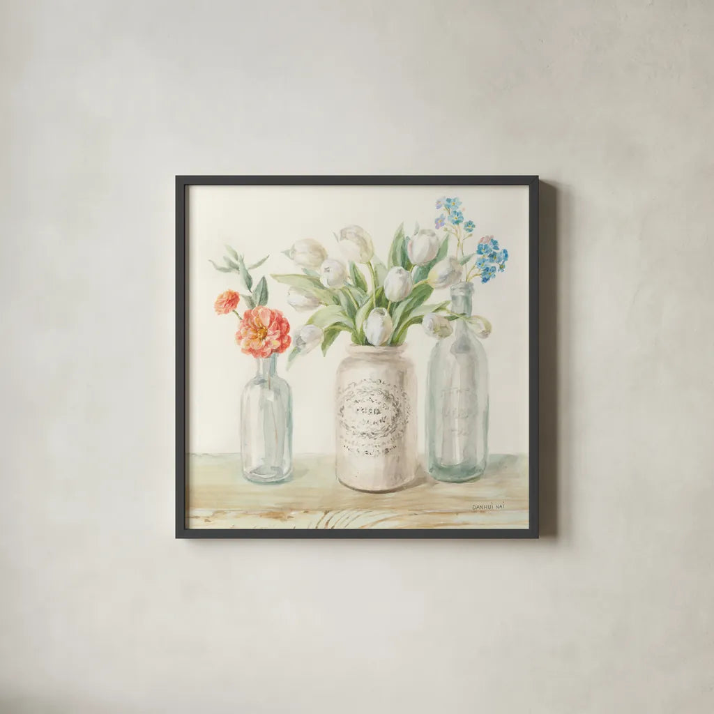 Marmalade Flowers II by Danhui Nai. Shown in a sleek black glass frame for a contemporary gallery look. Available as an archival giclee rolled canvas, fine art paper, or poster print. SKU 74531a.