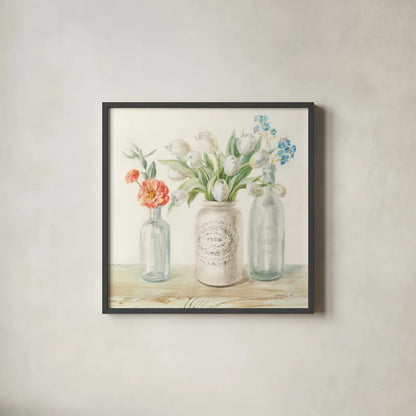Marmalade Flowers II by Danhui Nai. Shown in a sleek black glass frame for a contemporary gallery look. Available as an archival giclee rolled canvas, fine art paper, or poster print. SKU 74531a.