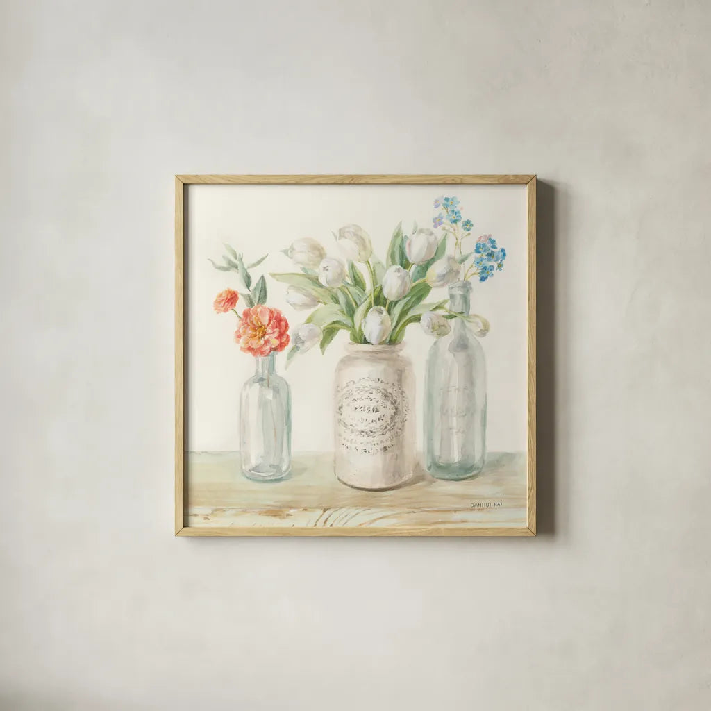 Marmalade Flowers II by Danhui Nai. Shown in a natural wood glass frame for a timeless modern aesthetic. Available as an archival giclee rolled canvas, fine art paper, or poster print. SKU 74531a.