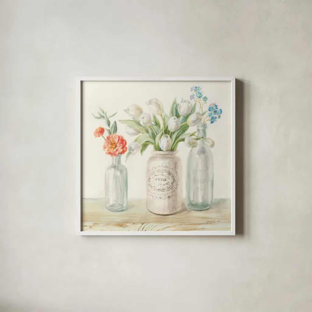 Marmalade Flowers II by Danhui Nai. Shown in a crisp white glass frame for a clean and minimalist style. Available as an archival giclee rolled canvas, fine art paper, or poster print. SKU 74531a.