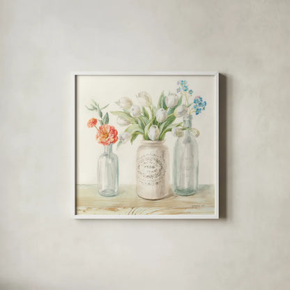 Marmalade Flowers II by Danhui Nai. Shown in a crisp white glass frame for a clean and minimalist style. Available as an archival giclee rolled canvas, fine art paper, or poster print. SKU 74531a.