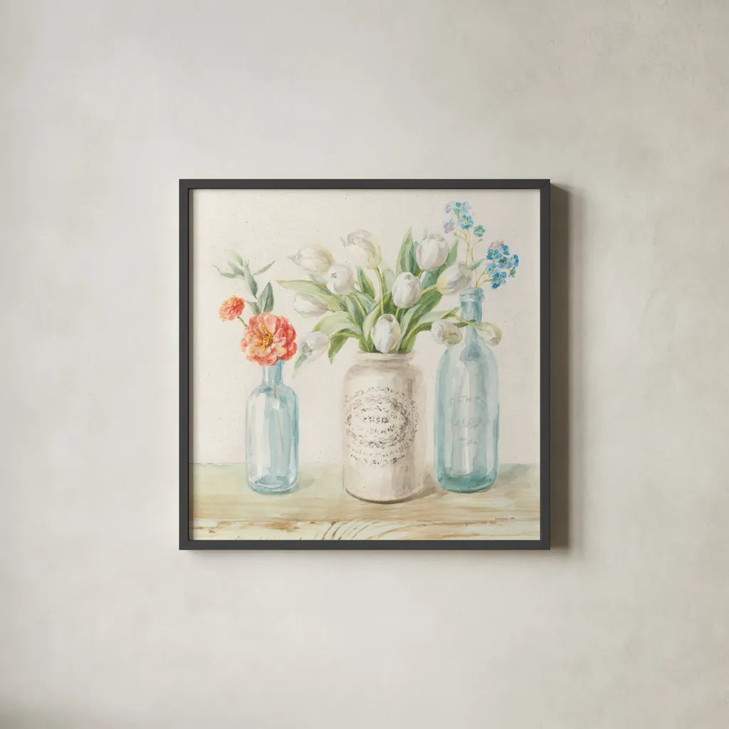 Marmalade Flowers II Linen by Danhui Nai. Shown in a sleek black glass frame for a contemporary gallery look. Available as an archival giclee rolled canvas, fine art paper, or poster print. SKU 80180a.