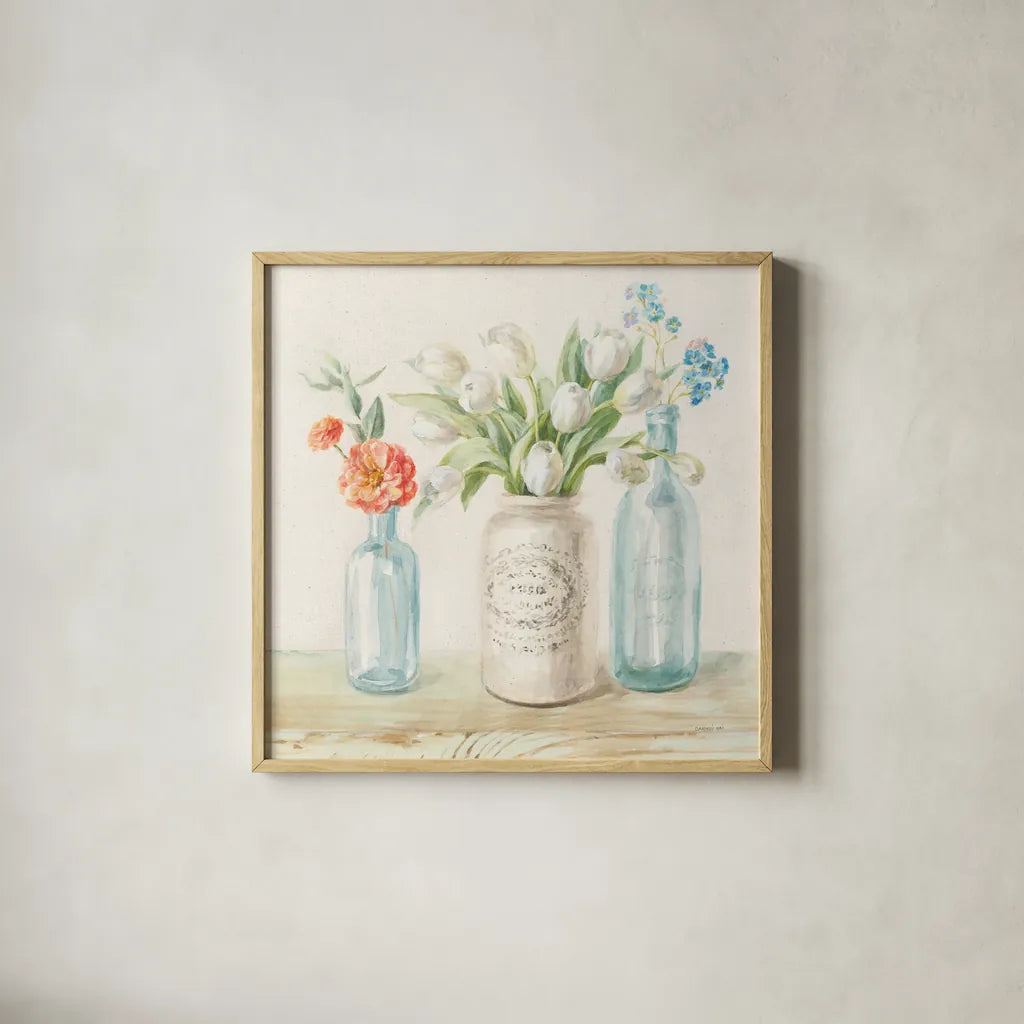 Marmalade Flowers II Linen by Danhui Nai. Shown in a natural wood glass frame for a timeless modern aesthetic. Available as an archival giclee rolled canvas, fine art paper, or poster print. SKU 80180a.