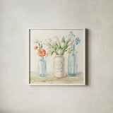 Marmalade Flowers II Linen by Danhui Nai. Shown in a crisp white glass frame for a clean and minimalist style. Available as an archival giclee rolled canvas, fine art paper, or poster print. SKU 80180a.