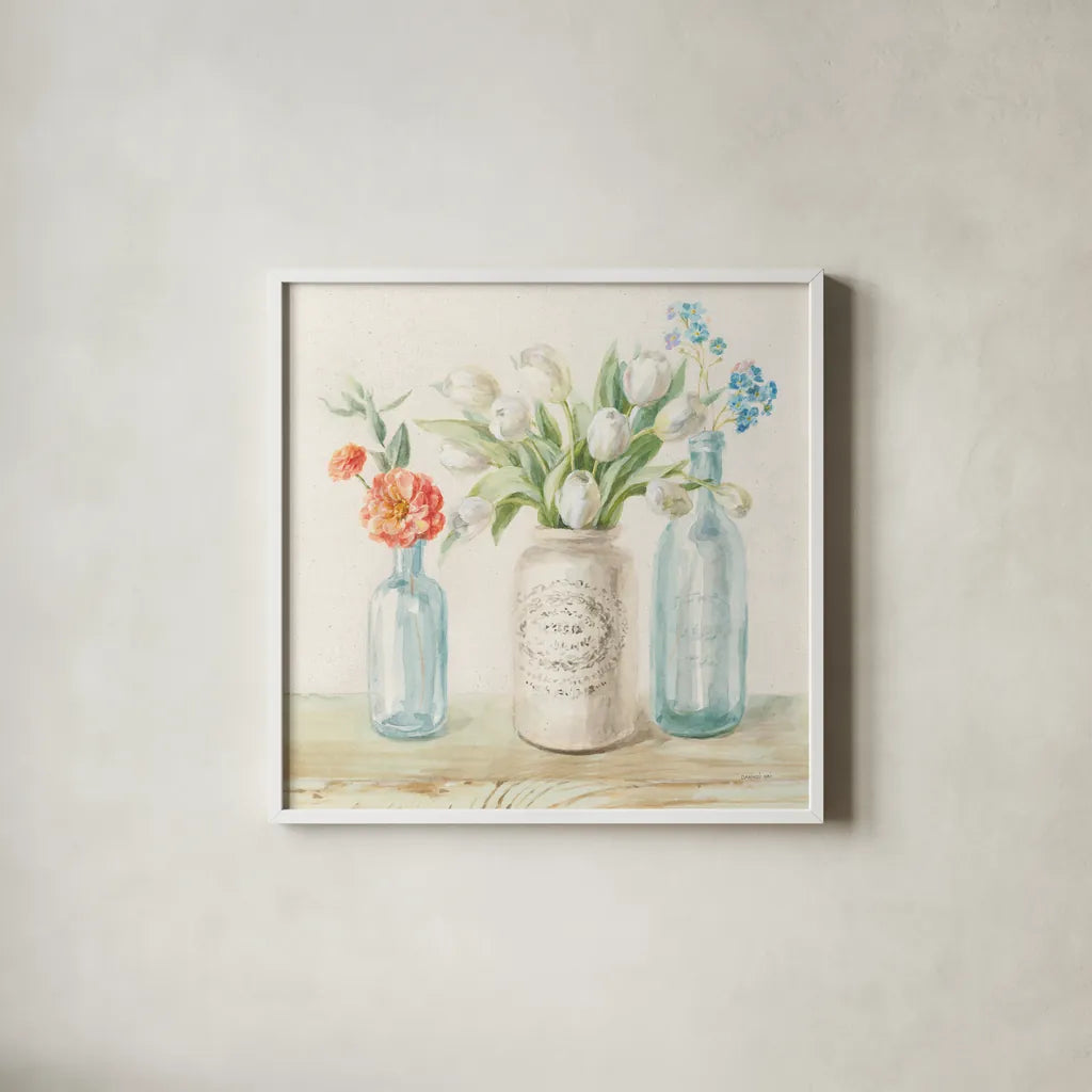 Marmalade Flowers II Linen by Danhui Nai. Shown in a crisp white glass frame for a clean and minimalist style. Available as an archival giclee rolled canvas, fine art paper, or poster print. SKU 80180a.