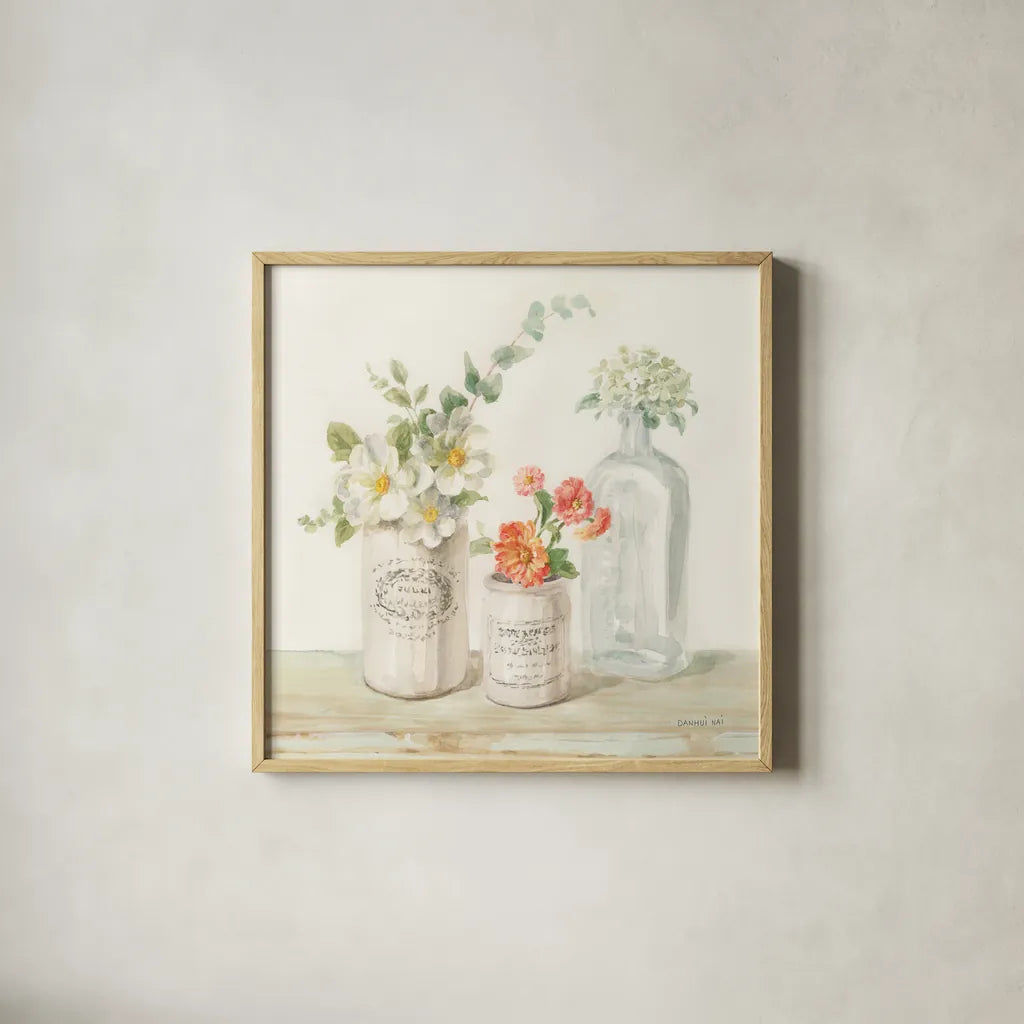 Marmalade Flowers III by Danhui Nai. Shown in a natural wood glass frame for a timeless modern aesthetic. Available as an archival giclee rolled canvas, fine art paper, or poster print. SKU 74532a.