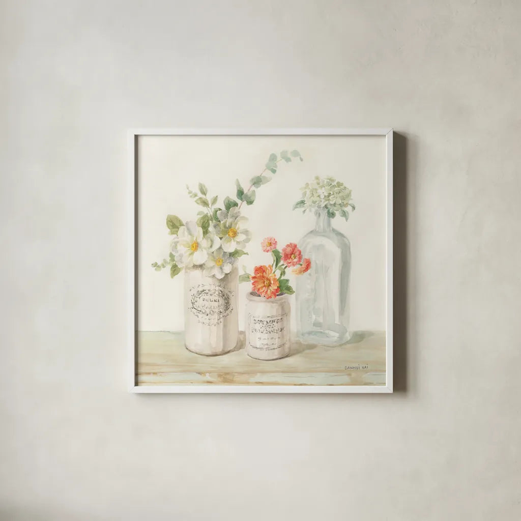 Marmalade Flowers III by Danhui Nai. Shown in a crisp white glass frame for a clean and minimalist style. Available as an archival giclee rolled canvas, fine art paper, or poster print. SKU 74532a.