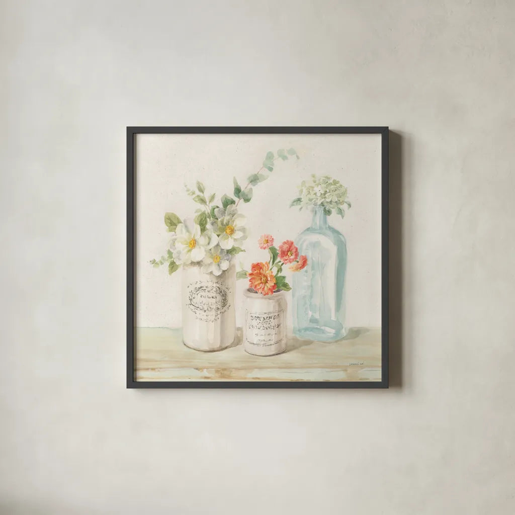 Marmalade Flowers III Linen by Danhui Nai. Shown in a sleek black glass frame for a contemporary gallery look. Available as an archival giclee rolled canvas, fine art paper, or poster print. SKU 80181a.