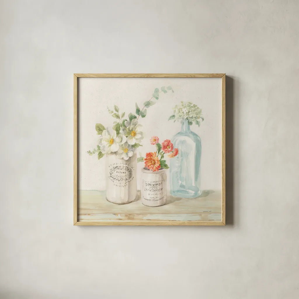 Marmalade Flowers III Linen by Danhui Nai. Shown in a natural wood glass frame for a timeless modern aesthetic. Available as an archival giclee rolled canvas, fine art paper, or poster print. SKU 80181a.