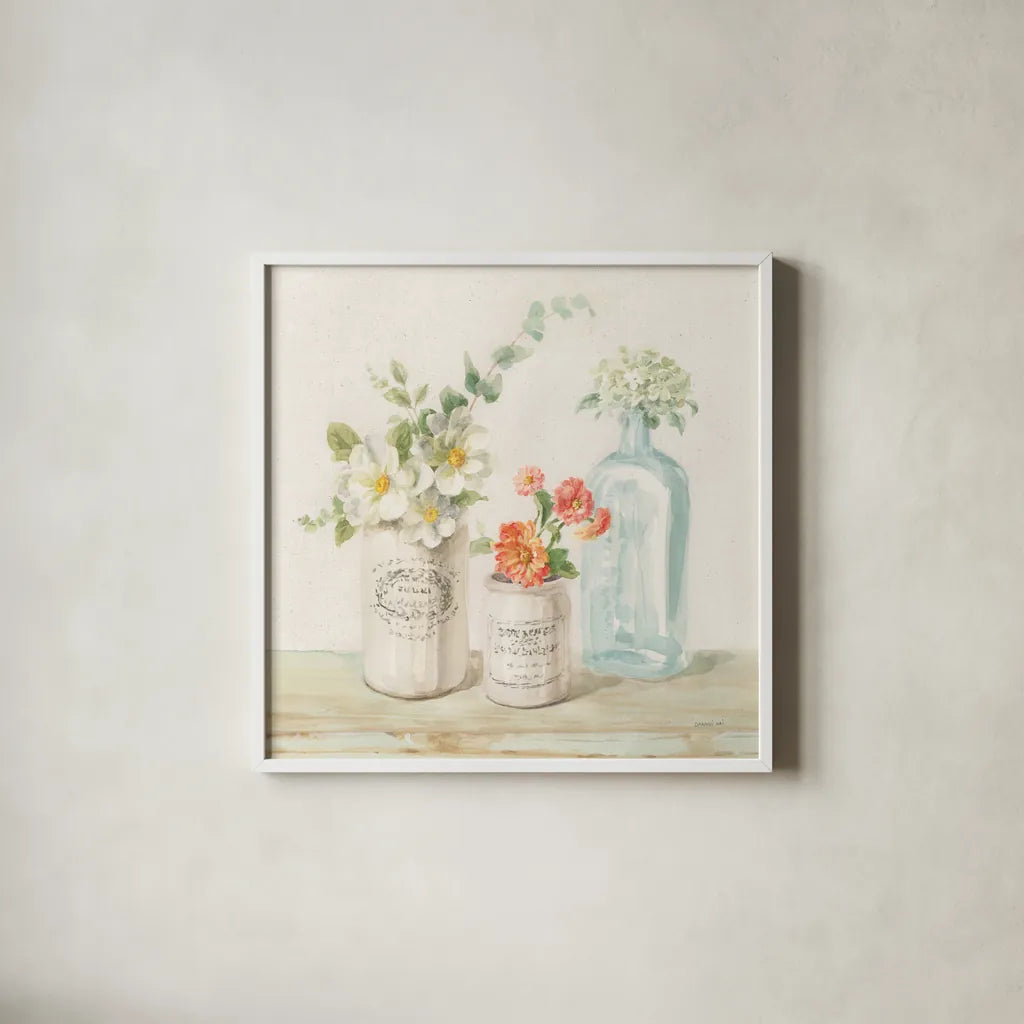 Marmalade Flowers III Linen by Danhui Nai. Shown in a crisp white glass frame for a clean and minimalist style. Available as an archival giclee rolled canvas, fine art paper, or poster print. SKU 80181a.