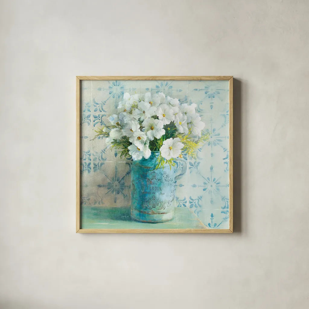 May Blossoms I Crop by Danhui Nai. Shown in a natural wood glass frame for a timeless modern aesthetic. Available as an archival giclee rolled canvas, fine art paper, or poster print. SKU 16264a.