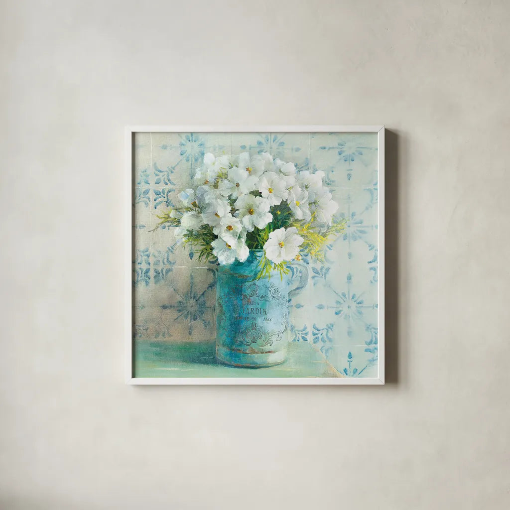 May Blossoms I Crop by Danhui Nai. Shown in a crisp white glass frame for a clean and minimalist style. Available as an archival giclee rolled canvas, fine art paper, or poster print. SKU 16264a.