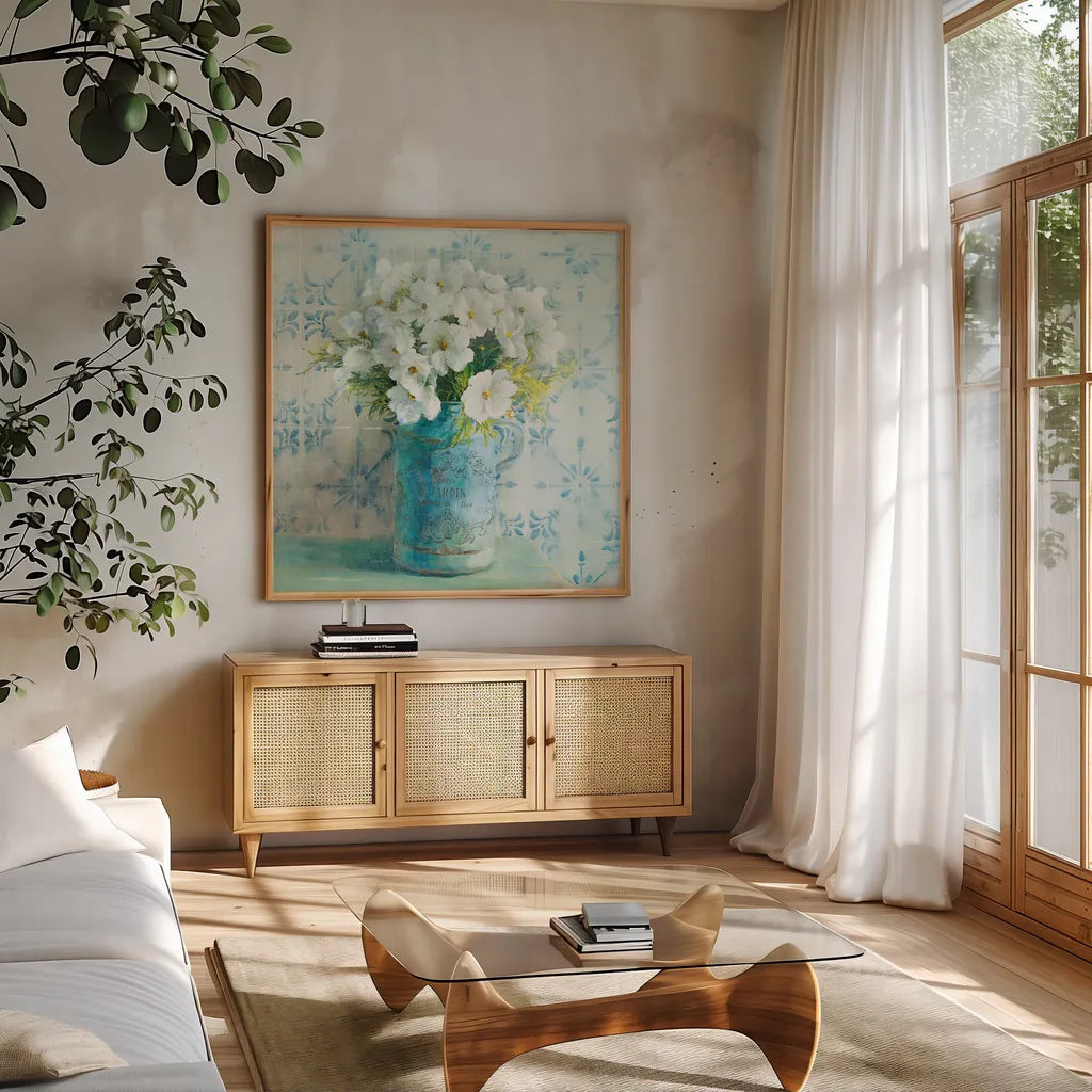 May Blossoms I Crop by Danhui Nai. Shown in a natural wood frame in a cozy modern living room. Available as an archival giclee rolled canvas, fine art paper, or poster print. SKU 16264a.